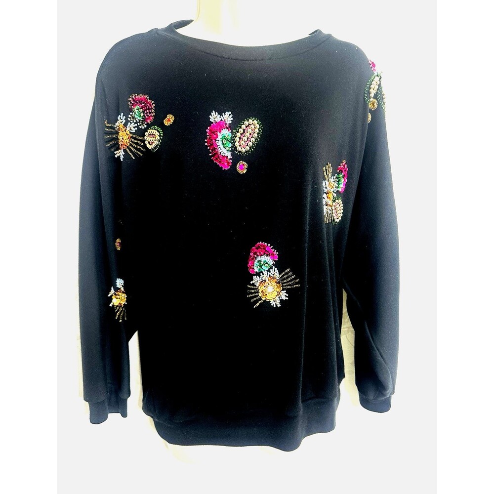 Eminent VTG Embroidered Floral Sparkle Whimsigoth Boho Pullover Sweatshirt M